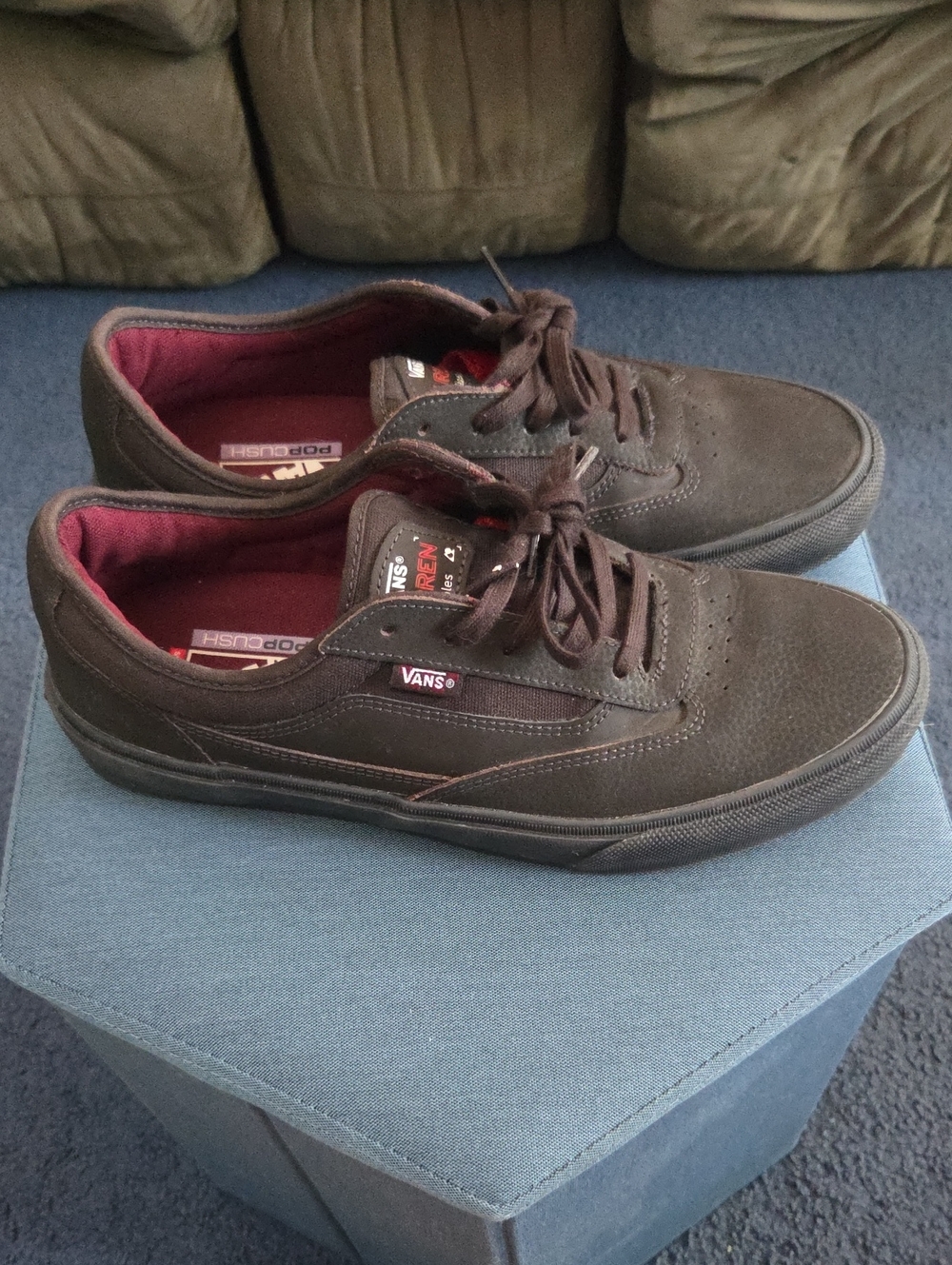 Vans Men's Brown Low-Top Skate Shoes with Burgundy Lining